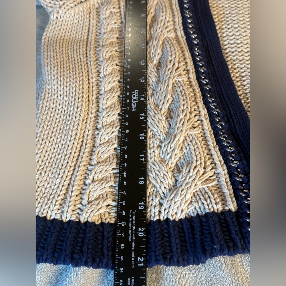 Chicos Cable Chunky Knit Beige Navy Silver Chain Trim Cardigan Sweater Size 2 L - Picture 6 of 8